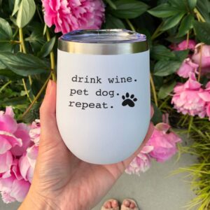 Rover.com ‘Drink. Pet Dog. Repeat.’ Tumbler With Lid, Insulated, Stainless Steel, Stemless, 12 Oz., White