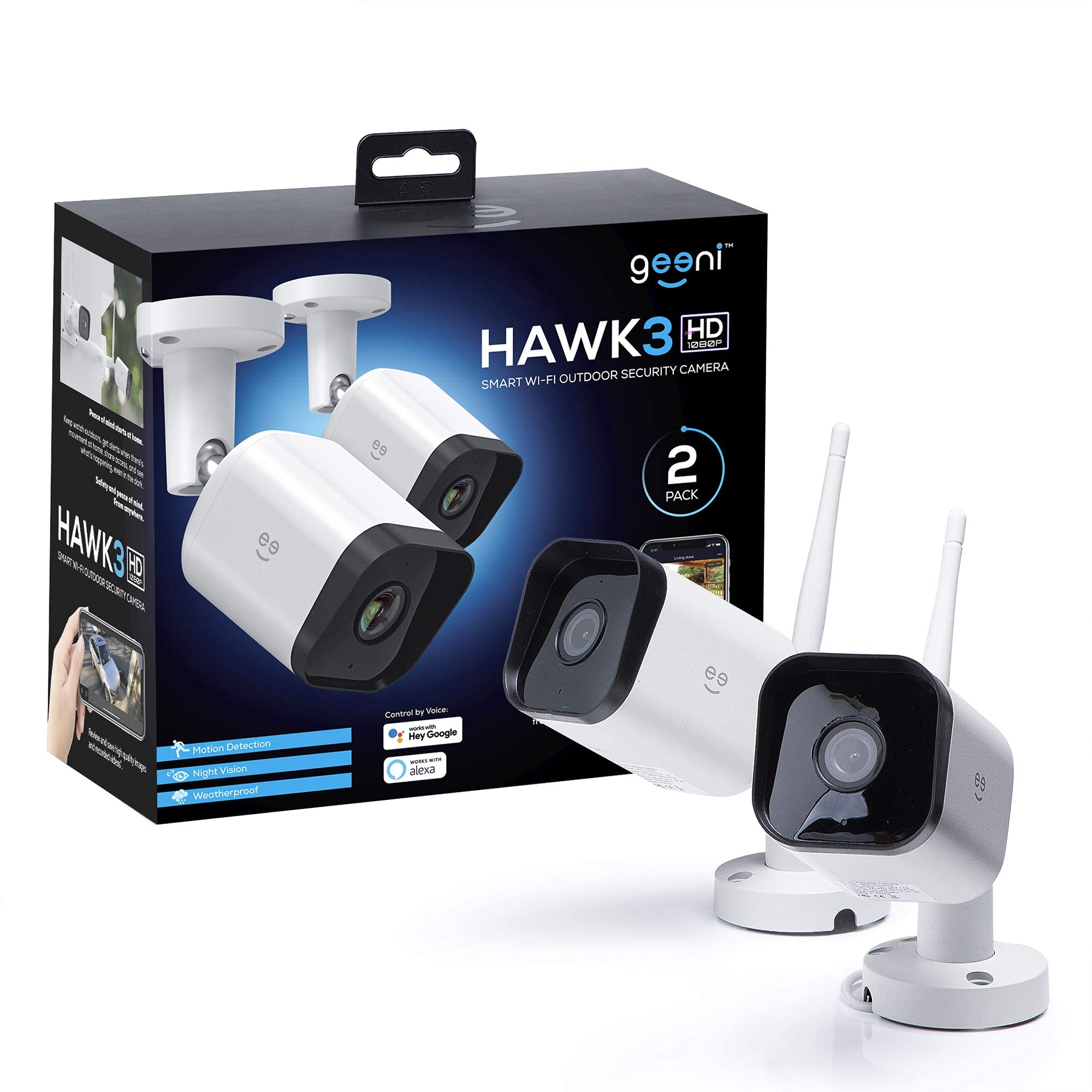 Geeni Hawk 3 HD 1080p Outdoor Security Camera, IP66 Weatherproof WiFi Surveillance with Night Vision, 2-Way Audio, and Motion Detection - Works with Alexa and Google Home, No Hub Required (2-Pack)