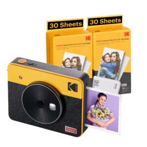 kodak mini shot 3 retro 4pass 2-in-1 instant digital camera and photo printer (3x3 inches) + 68 sheets cartridge bundle, yellow