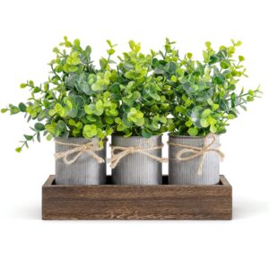 dahey decorative galvanized metal pots table centerpiece decor wood tray with artificial eucalyptus plants 3 buckets rustic farmhouse home decor for coffee dining room living room kitchen bath, brown