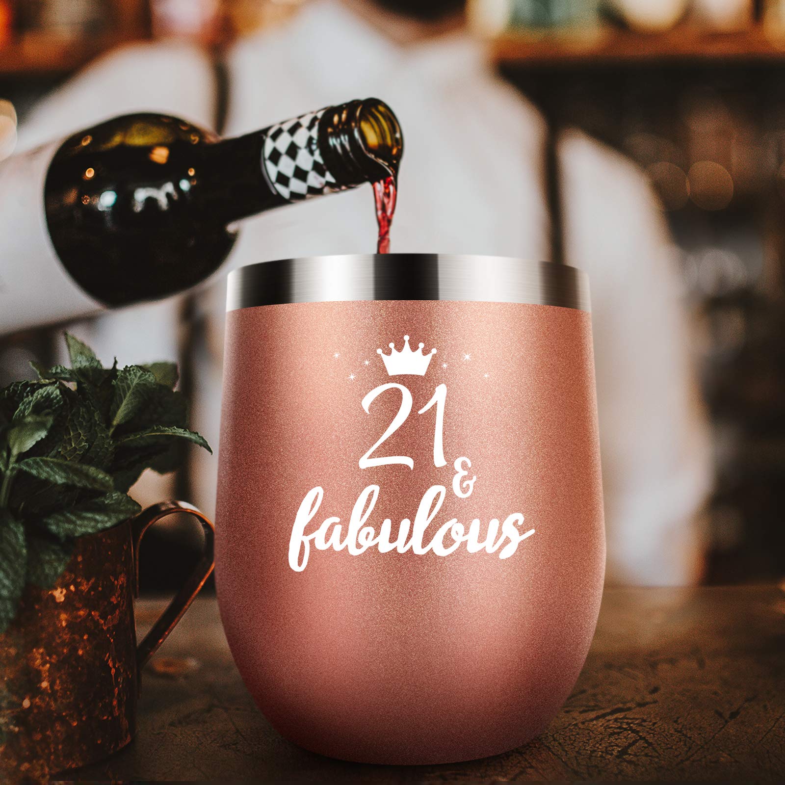 HAINANBOY Wine Glass Tumbler 21st Birthday Gift for Women 21st Birthday Cup 21 and Fabulous 21st Birthday Gift for Woman I'm 21 Best Turning 21 Year Old Birthday Gift Ideas for Her(Rose Gold)