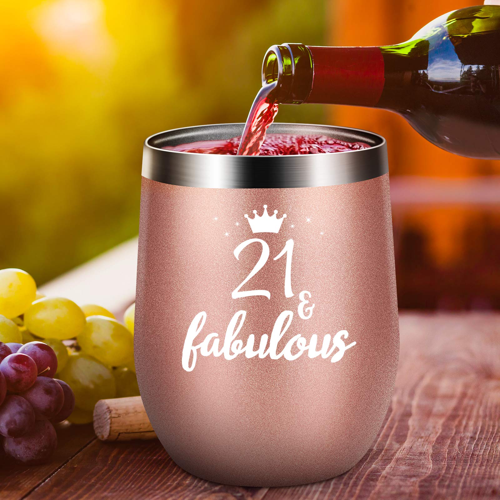 HAINANBOY Wine Glass Tumbler 21st Birthday Gift for Women 21st Birthday Cup 21 and Fabulous 21st Birthday Gift for Woman I'm 21 Best Turning 21 Year Old Birthday Gift Ideas for Her(Rose Gold)