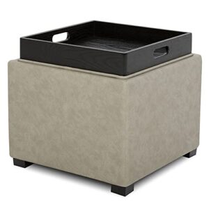 chita storage ottoman cube with tray,footrest stool seat serve as side table, pu leather in stone gray