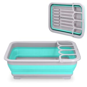 navaris collapsible dish drying rack - drainer for rv, camper, camping, travel trailer, small spaces - portable dishes dryer with drain - gray/blue