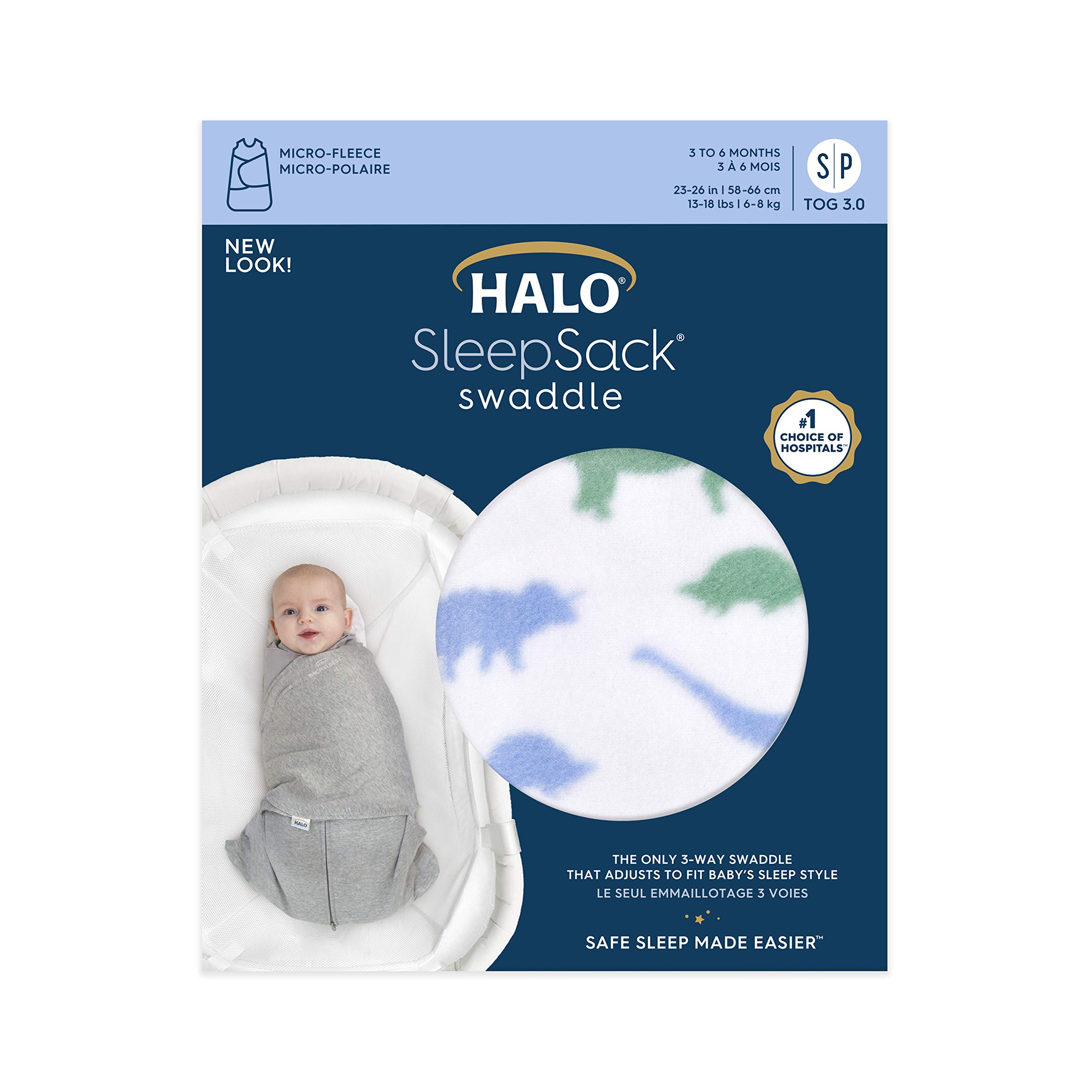 HALO Micro-Fleece Sleepsack Swaddle, 3-Way Adjustable Wearable Blanket, TOG 3.0, Dinos, Small, 3-6 Months