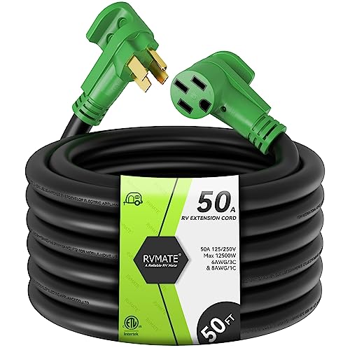 RVMATE 50 Amp 50 Feet RV/EV Extension Cord, Easy Plug in Handle, 14-50P to 14-50R with LED Indicator, ETL Listed, Come w/Storage Bag and Plastic Strap