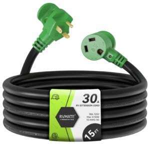 rvmate 30 amp 15 feet rv power extension cord with easy plug-in handle, tt-30p to tt-30r, led indicator, 10 awg, etl listed
