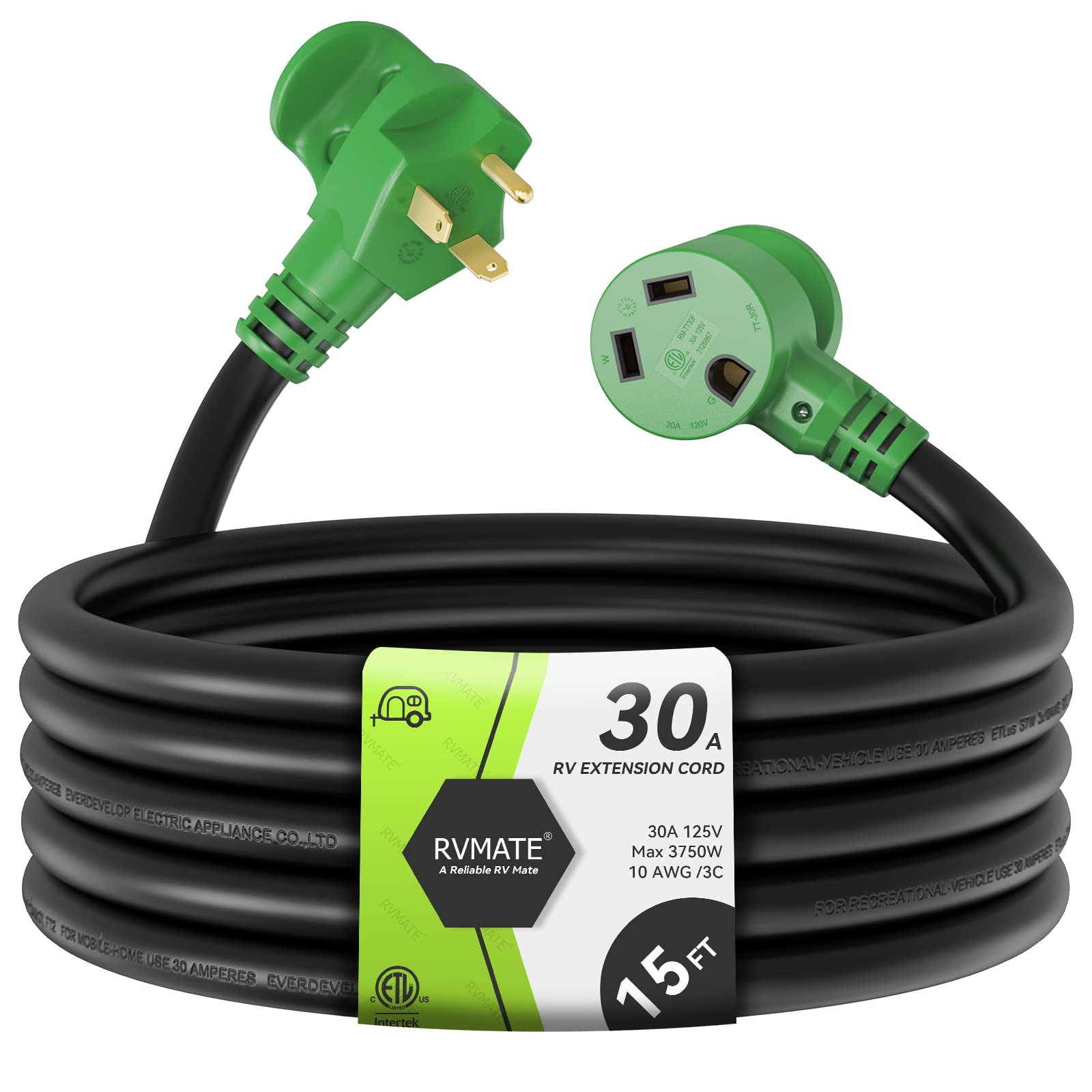 RVMATE 30 Amp 15 Feet RV Power Extension Cord with Easy Plug-in Handle, TT-30P to TT-30R, LED Indicator, 10 AWG, ETL Listed