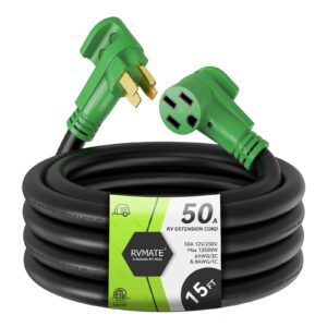 rvmate 50 amp 15 feet rv/ev extension cord, easy plug in handle, 14-50p to 14-50r with led indicator, etl listed, come w/storage bag and plastic strap