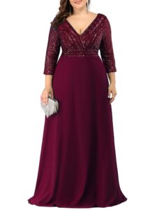 ever-pretty women's plus size v-neck sparkle sequins chiffon long sleeves formal dresses burgundy us26
