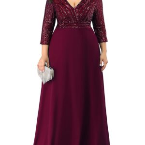 Ever-Pretty Women's Plus Size V-Neck Sparkle Sequins Chiffon Long Sleeves Formal Dresses Burgundy US26