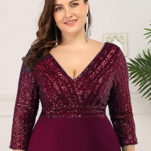 Ever-Pretty Women's Plus Size V-Neck Sparkle Sequins Chiffon Long Sleeves Formal Dresses Burgundy US26