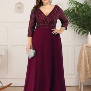 Ever-Pretty Women's Plus Size V-Neck Sparkle Sequins Chiffon Long Sleeves Formal Dresses Burgundy US26