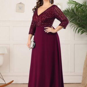Ever-Pretty Women's Plus Size V-Neck Sparkle Sequins Chiffon Long Sleeves Formal Dresses Burgundy US26