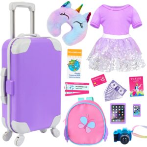 K.T. Fancy 23 pcs American 18 Inch Doll Accessories Suitcase Travel Luggage Play Set for 18 Inch Doll Travel Carrier, Sunglasses Camera Computer Phone Pad Travel Pillow Passport Tickets Cashes