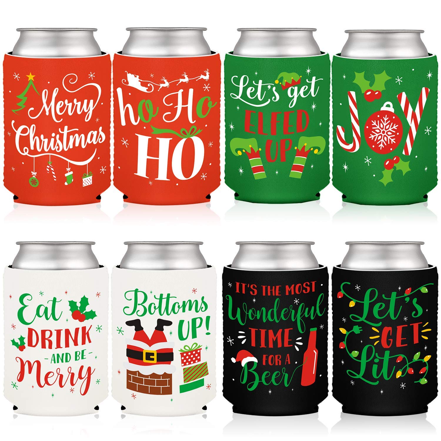 Christmas Favor Decorations Supplies Xmas Holiday Can Sleeves Coolers Can Covers for Christmas Gathering Winter Party Gift Ideas Neoprene Soda Can Beverage Set of 8