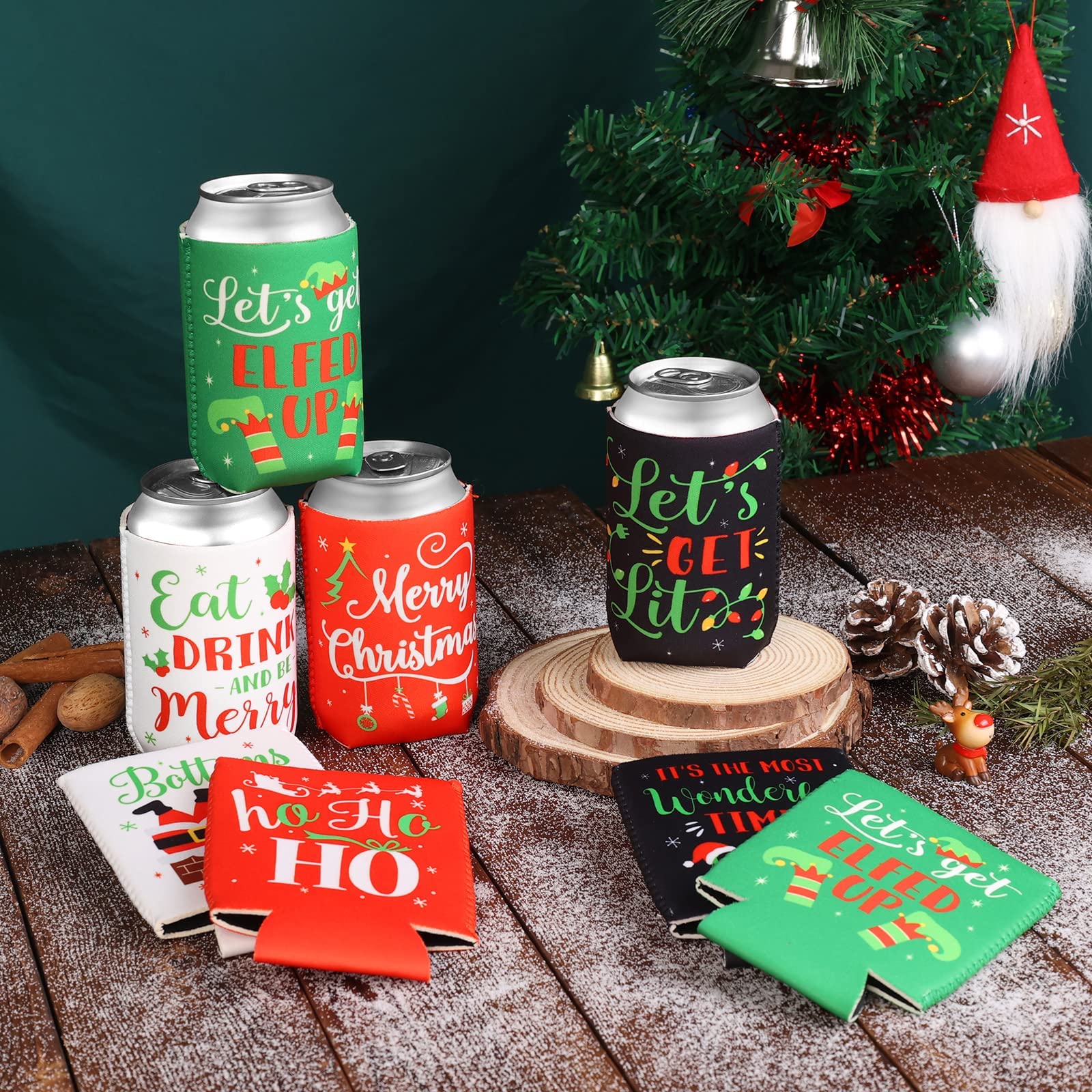 Christmas Favor Decorations Supplies Xmas Holiday Can Sleeves Coolers Can Covers for Christmas Gathering Winter Party Gift Ideas Neoprene Soda Can Beverage Set of 8