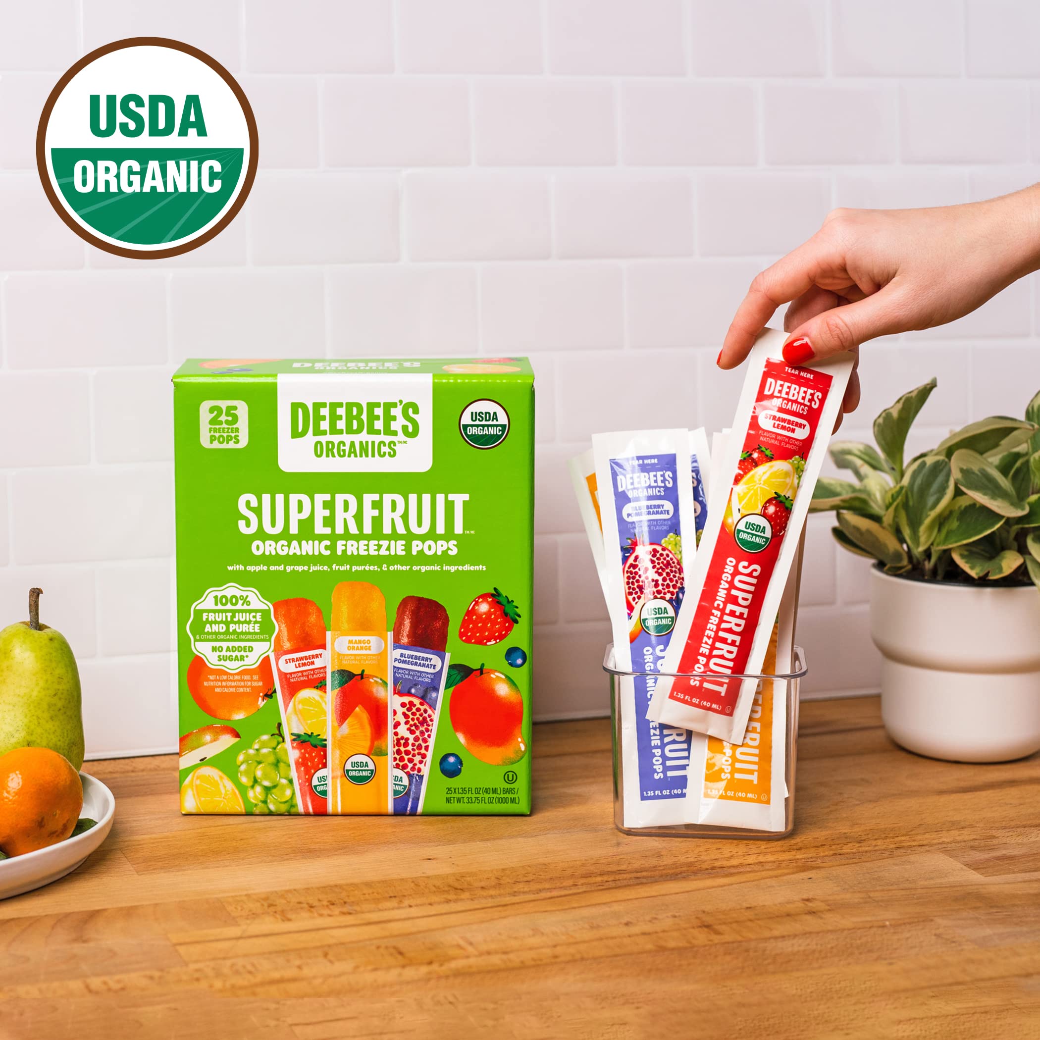 DeeBee's Organics Classic SuperFruit Freezie Pops, No Added Sugars, No Artificial Flavors or Colors Freezer Pops (Pack of 25)