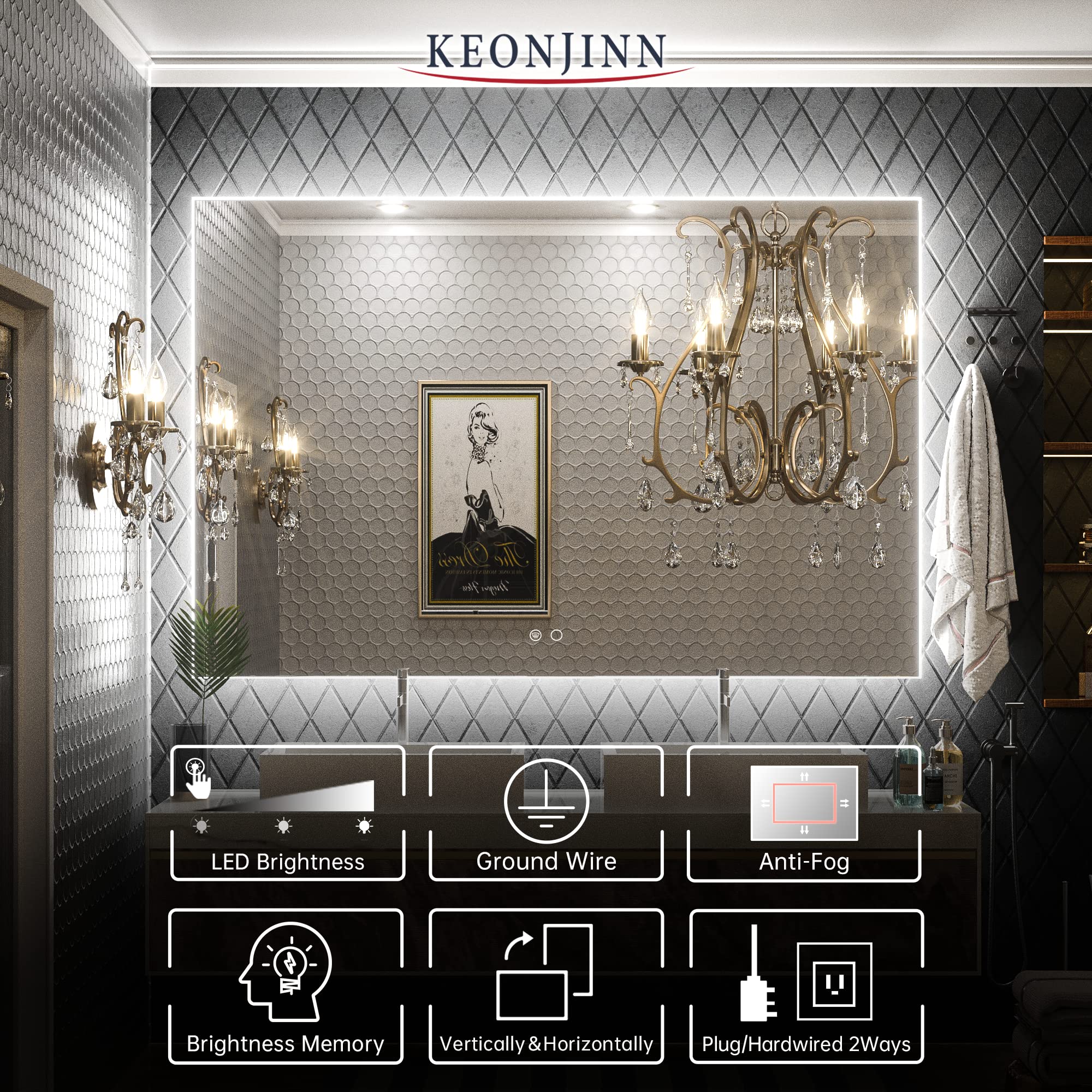 Keonjinn 60 x 40 Inch LED Vanity Mirror Backlit Mirror Bathroom Lighted Mirror Large Anti-Fog Wall Mounted Dimmable Makeup Mirror with Lights (Horizontal/Vertical)