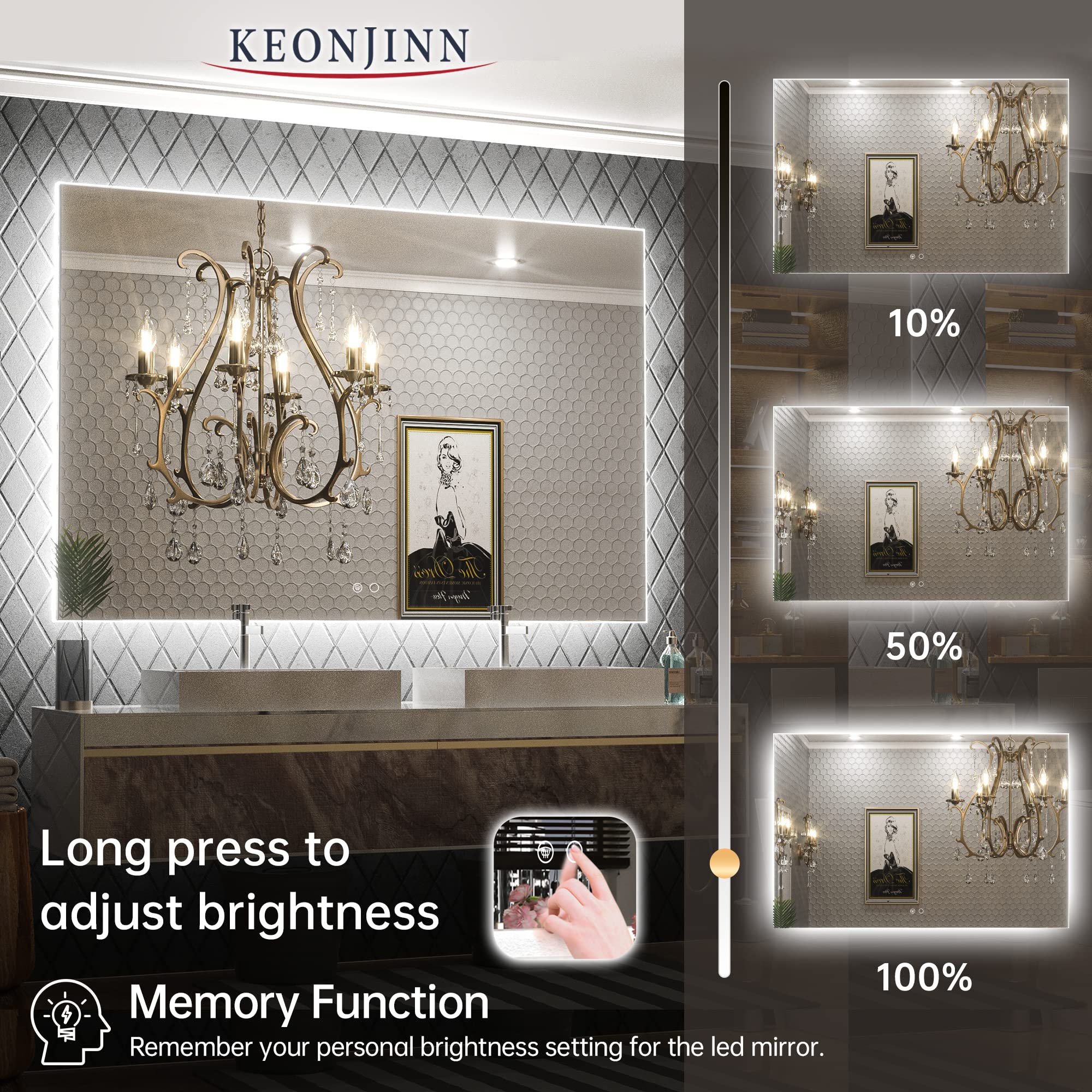 Keonjinn 60 x 40 Inch LED Vanity Mirror Backlit Mirror Bathroom Lighted Mirror Large Anti-Fog Wall Mounted Dimmable Makeup Mirror with Lights (Horizontal/Vertical)