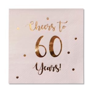 cheers to 60 years cocktail napkins | happy 60th birthday decorations for men and women and wedding anniversary party decorations | 50-pack 3-ply napkins | 5 x 5 inch folded (pink)