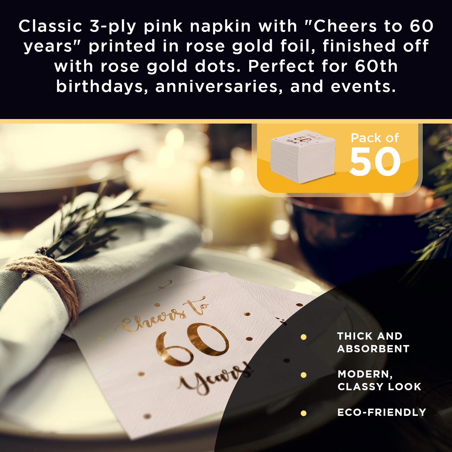 Cheers to 60 Years Cocktail Napkins | Happy 60th Birthday Decorations for Men and Women and Wedding Anniversary Party Decorations | 50-Pack 3-Ply Napkins | 5 x 5 inch folded (Pink)