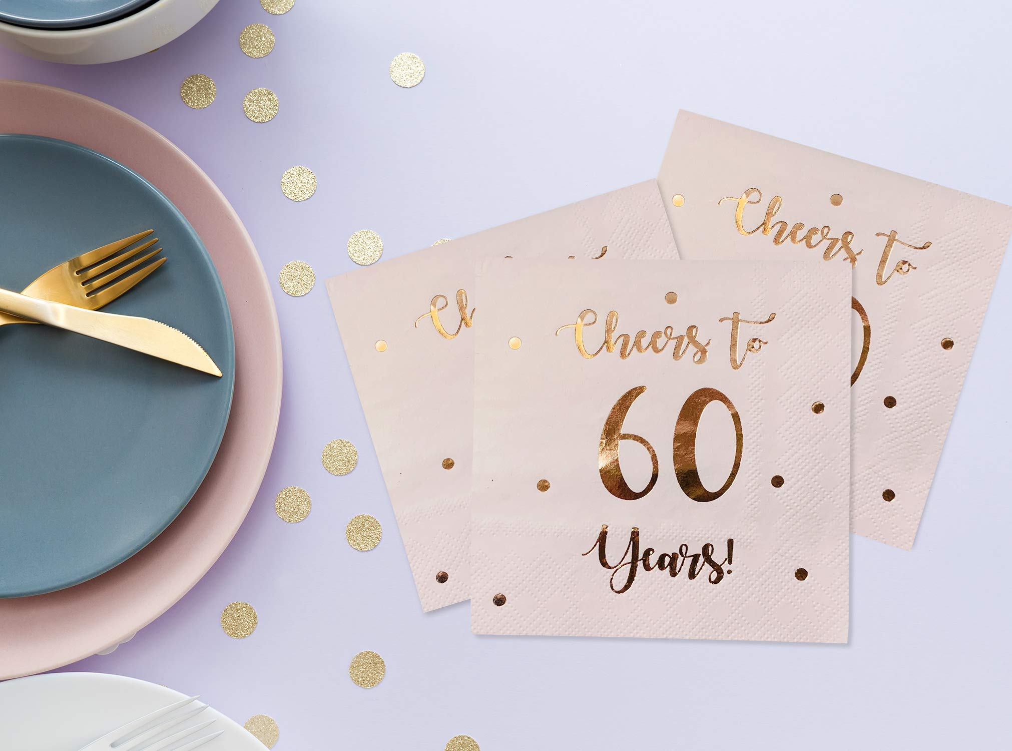 Cheers to 60 Years Cocktail Napkins | Happy 60th Birthday Decorations for Men and Women and Wedding Anniversary Party Decorations | 50-Pack 3-Ply Napkins | 5 x 5 inch folded (Pink)