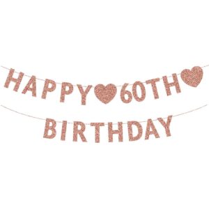rose gold 60th birthday banner, glitter happy 60 years old woman or man party decorations, supplies