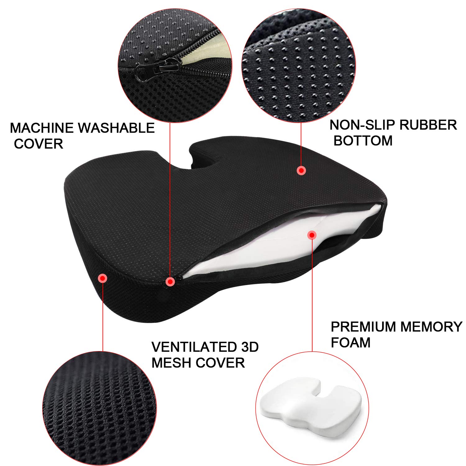 Seat Cushion Premium Memory Foam Non-Slip Coccyx Tailbone Cushion for Office Chair, Car Seat, Wheelchair, Yoga and Travelling- Back, Hip and Tailbone Pain Relief