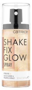 catrice | shake fix glow spray | sets makeup and hydrates skin | made with cactus blossom and pineapple extract | oil free, paraben free, gluten free | vegan & cruelty free