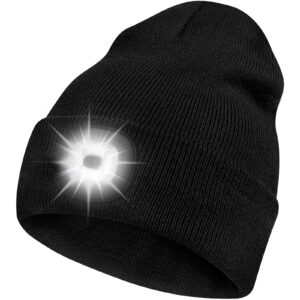 Bosttor LED Beanie Hat with Light, Rechargeable Headlamp Cap, Unisex Winter Warm Knitted Hats, Headlight Flashlight for Running Hiking Camping,Tech Gifts for Men Women Handyman Teens Black