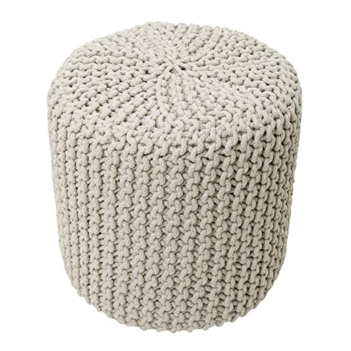 REDEARTH Cylindrical Hand Knitted Pouf - Foot Stool Ottoman - Cord Boho Pouffe - Cotton Round Poof for Home Decor - Living Room - Nursery - Bedroom - Patio (16" x 16" x 16") - Ivory