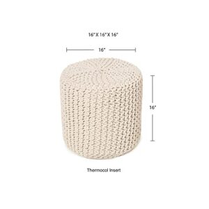 REDEARTH Cylindrical Hand Knitted Pouf - Foot Stool Ottoman - Cord Boho Pouffe - Cotton Round Poof for Home Decor - Living Room - Nursery - Bedroom - Patio (16" x 16" x 16") - Ivory