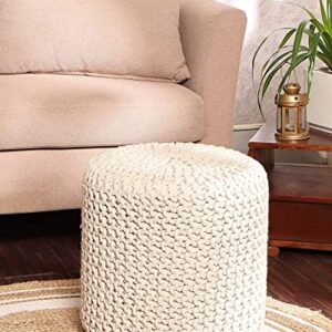 REDEARTH Cylindrical Hand Knitted Pouf - Foot Stool Ottoman - Cord Boho Pouffe - Cotton Round Poof for Home Decor - Living Room - Nursery - Bedroom - Patio (16" x 16" x 16") - Ivory