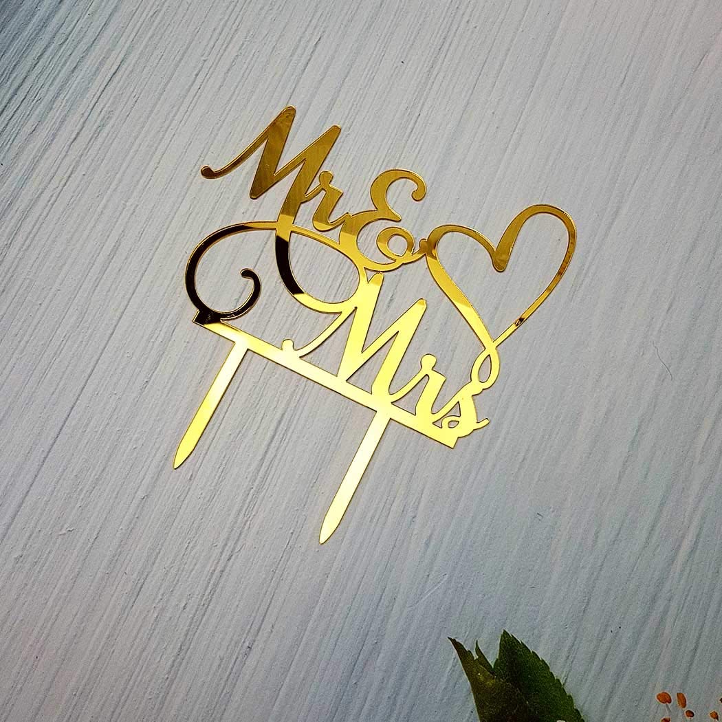 AMINJIE Mr and Mrs Cake Topper, Bride and Groom Sign Wedding/Engagement Cake Toppers Decoration, Mirror Gold Acrylic