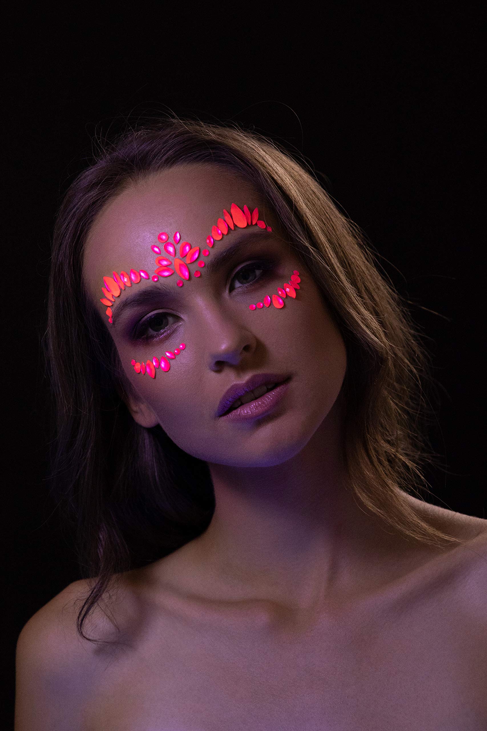 Neon UV Face Jewels by Moon Glow - Festival Face Body Gems, Crystal Make up Eye Glitter Stickers, Temporary Tattoo Jewels (Intense Pink)