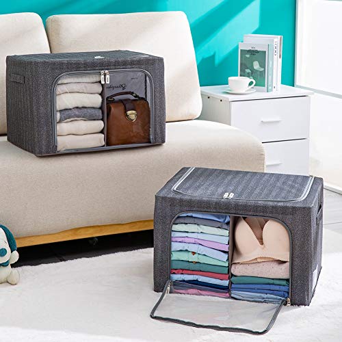 Foldable Clothes Storage Bins 2 Pack, Stackable Metal Frame Clothing Storage Box, Oxford Fabric Organizer Set with Clear Windows&Sturdy Carry Handles(66L,Grey)
