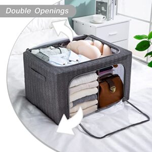Foldable Clothes Storage Bins 2 Pack, Stackable Metal Frame Clothing Storage Box, Oxford Fabric Organizer Set with Clear Windows&Sturdy Carry Handles(66L,Grey)