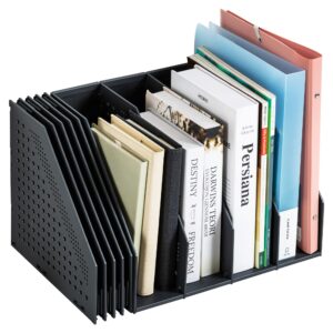deli collapsible magazine file holder, desk organizer document folder for office organization and storage, 4 vertical compartments, dark grey