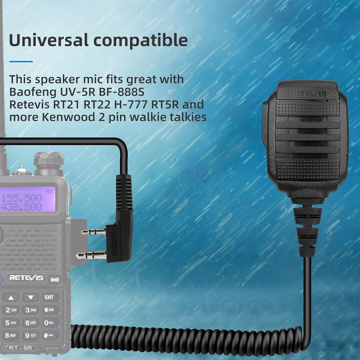 Retevis Walkie Talkie Speaker Mic,IP54 Waterproof 2 Pin Shoulder Speaker Mic Compatible with RT22 RT68 RT27 H777 RB26 RB29 Baofeng UV-5R BF-F8HP UV-5G Plus 5RM Pxton Arcshell Two Way Radio(1 Pack)