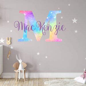 Girls Nursery Shimmer Rainbow Printed Initial and Stars Custom Personalized Name and Initial Vinyl Wall Decal, Decor for Babies Wall Sticker (X Large)