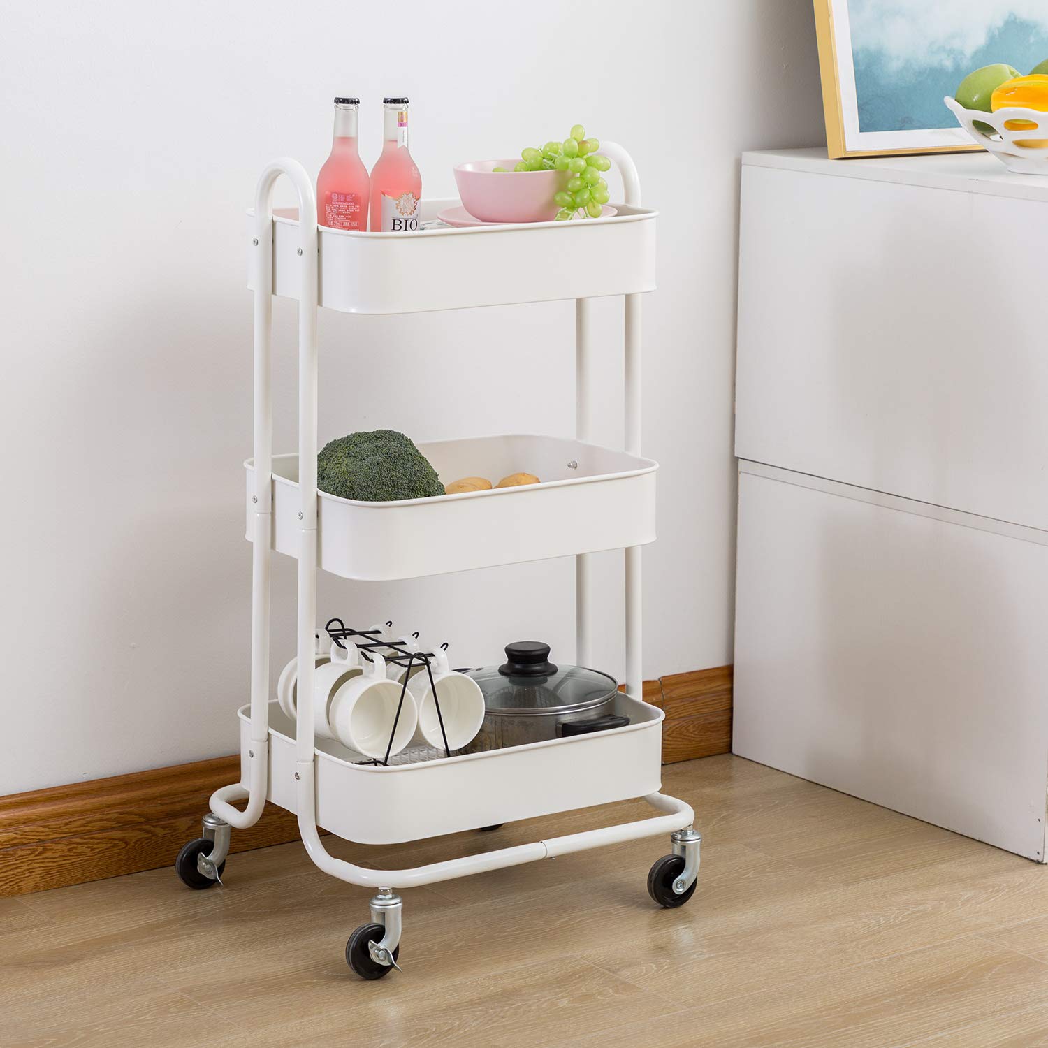 walsport 3-Tier Utility Carts for Kitchen Bathroom Bedroom Office, Rolling Cart Metal Mesh Storage Organizer Mobile Utility Cart with Caster Wheels with Handle,White