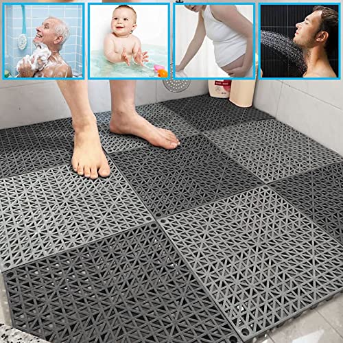 12 Pack 12" x 12" Interlocking Rubber Bathroom Flooring Tiles Non-Slip Splicing Waterproof Mat Modular Interlocking Cushion Mat for Drain, Deck, Pool, Patio, Balcony, Shower, Kitchen, Yard (Gray)