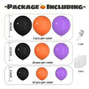 Halloween Balloons Arch Kit 96PCS 5/12/18 Inch Black and Orange and Purple Halloween Balloons Set with Balloon Strip Tape, Adhesive Dots for Halloween Party Decorations