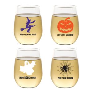 set of 4 holiday design shatterproof 16 oz plastic stemless wine glasses (halloween)