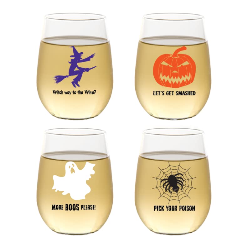 Set of 4 HOLIDAY DESIGN Shatterproof 16 oz Plastic Stemless Wine Glasses (HALLOWEEN)