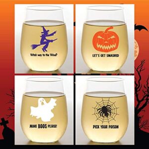 Set of 4 HOLIDAY DESIGN Shatterproof 16 oz Plastic Stemless Wine Glasses (HALLOWEEN)