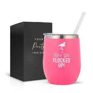 let's get flocked up! 12oz flamingo wine tumbler with lid and straw, flamingo cup perfect for birthday party, bachelorette party, and bridal shower flamingo wine glass