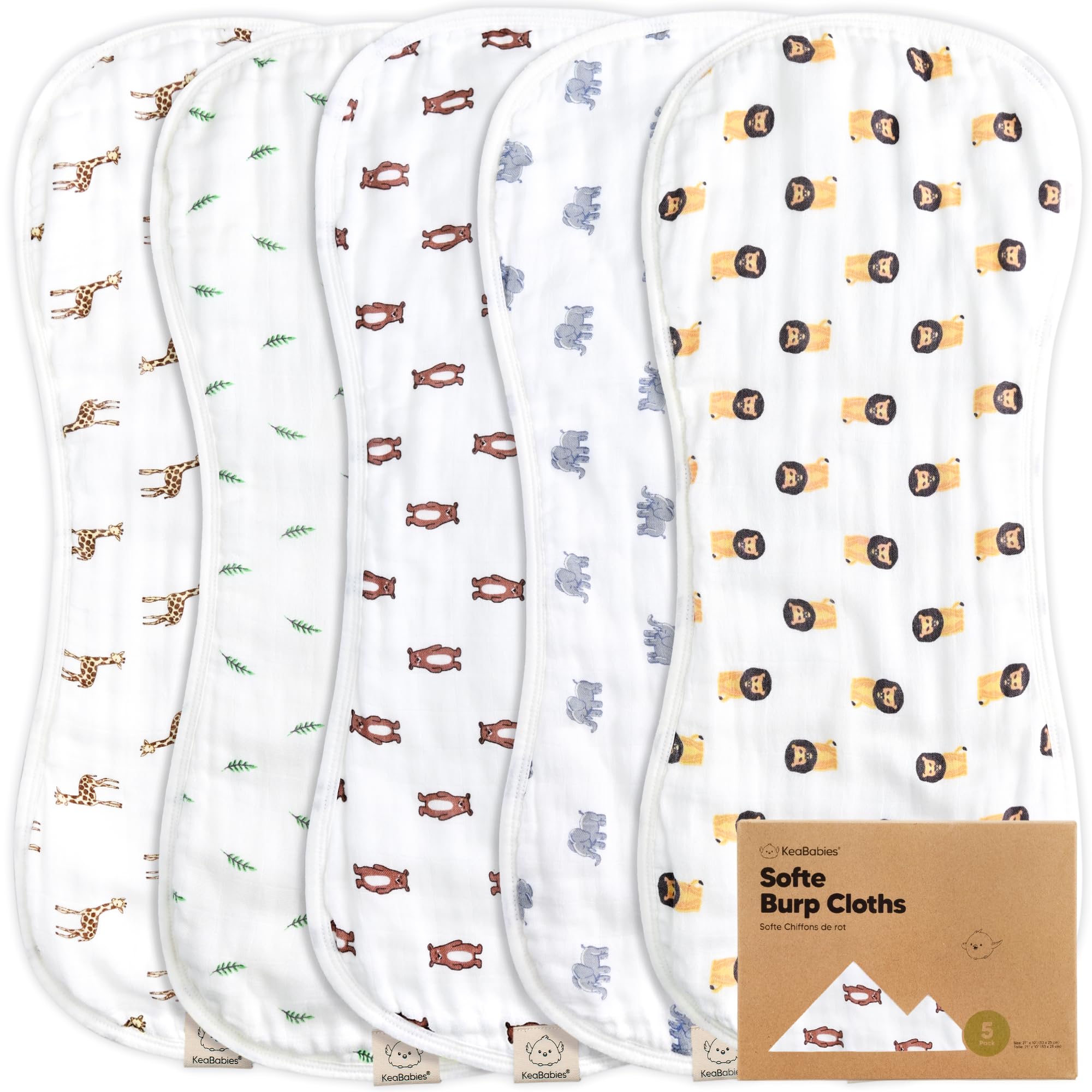 5-Pack Muslin Burp Cloths for Baby Boys and Girls - Organic Baby Burp Cloth, Viscose Derived from Bamboo Cotton Baby Washcloths, Burp Rags, Large Neutral Burp Clothes for Newborn (The Wild)