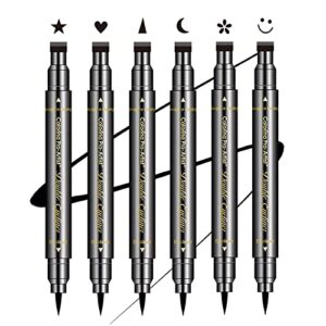 sumeitang 6 pcs double-headed eyeliner stamps set black liquid eye liner pen with star,moon,heart,flower,smiley,triangle stamp stencils shapes for women makeup kit long-lasting waterproof smudgeproof